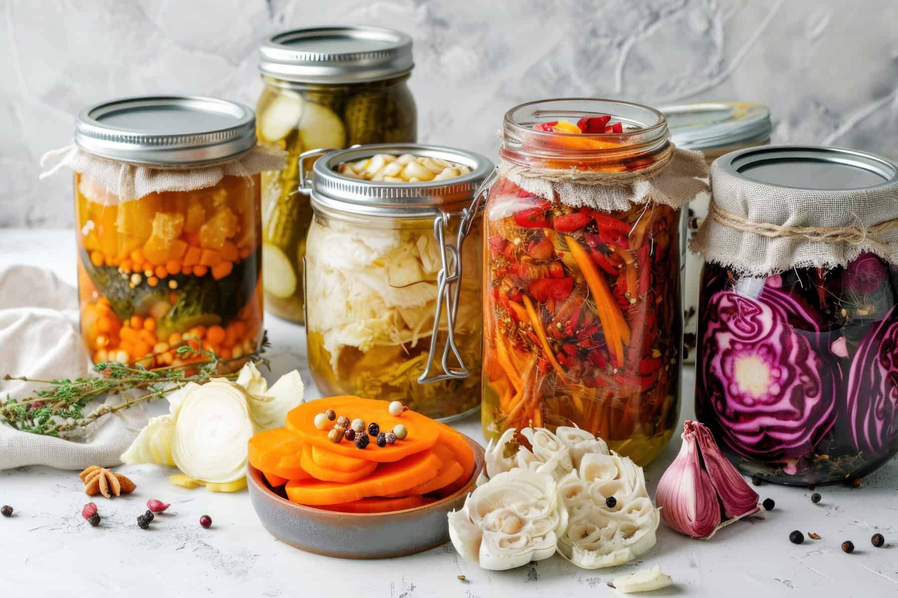 Fermented vegetables in jars on kitchen table